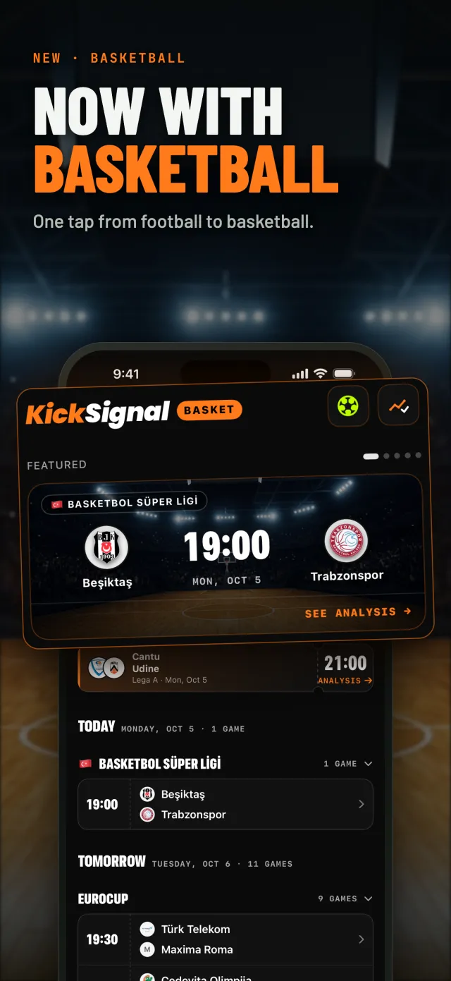 The app's basketball screen: a featured game and the day's fixtures